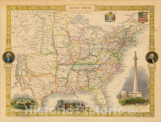 Historic Map : United States, 1851, John Tallis, v1, Vintage Wall Art