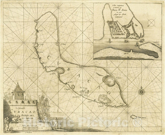 Historic Map : Eylandt Curacao ende Afbeeldinghe van t'Fort Amsterdam groot besteck, 1687, Arent Roggeveen, Vintage Wall Art