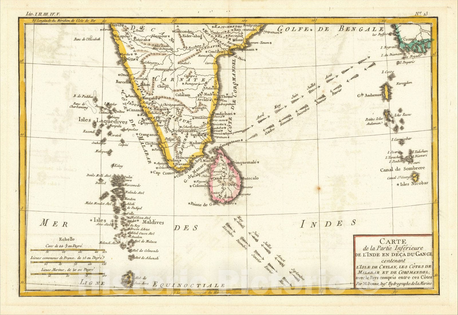 Historic Map : Carte de la Partie Inferieure De L'Inde En Deca Du Gange - contenant Lisle De Ceylan, 1787, Rigobert Bonne, Vintage Wall Art