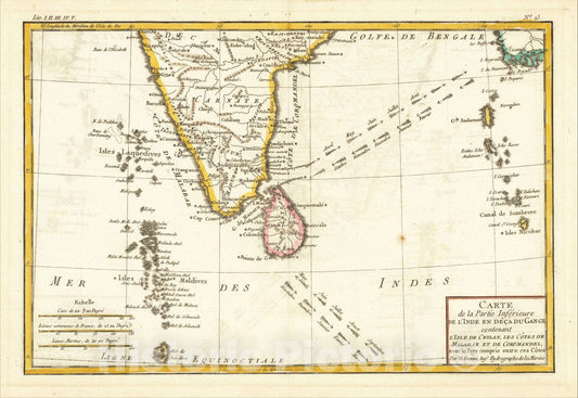 Historic Map : Carte de la Partie Inferieure De L'Inde En Deca Du Gange - contenant Lisle De Ceylan, 1787, Rigobert Bonne, Vintage Wall Art