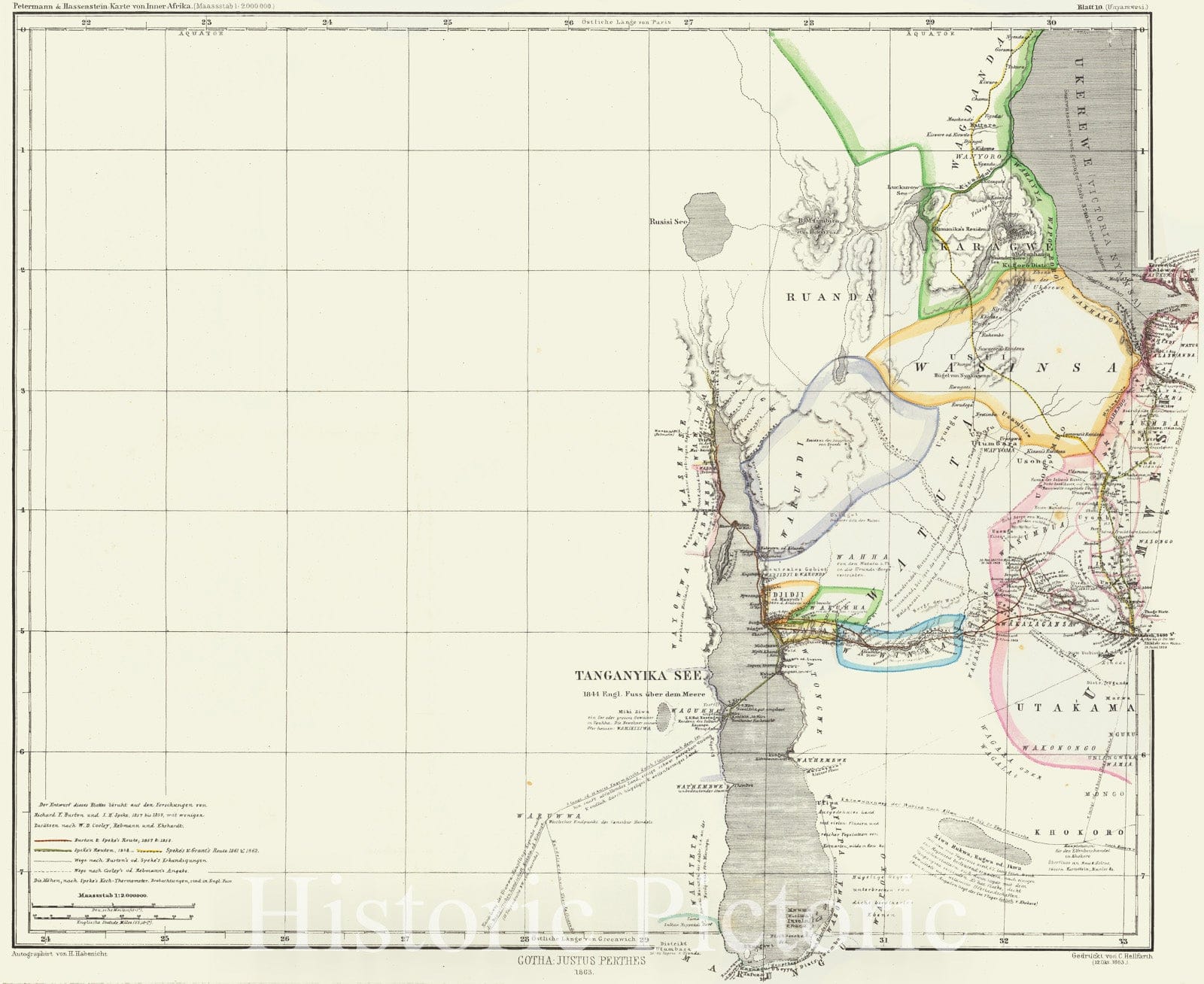 Historic Map : [Lake Tanganyika, Lake Victoria and Northwest Tanzania], 1863, Augustus Herman Petermann, Vintage Wall Art