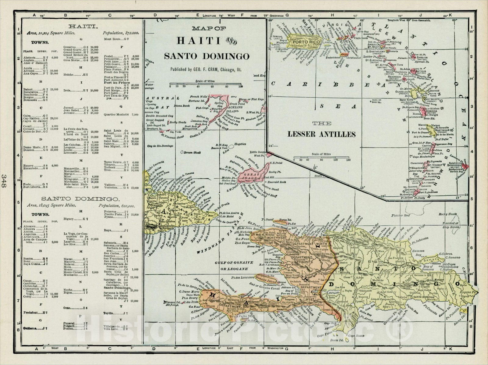 Historic Map : Map of Hait and Santo Domingo [inset of the Lesser Antillles], 1899, George F. Cram, Vintage Wall Art
