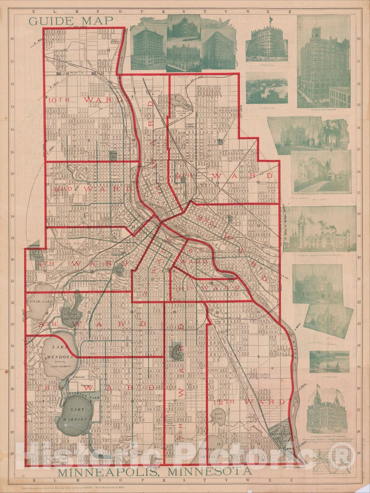 Historic Map : Guide Map of Minneapolis, Minnesota, 1891, J. Manz & Co., Vintage Wall Art