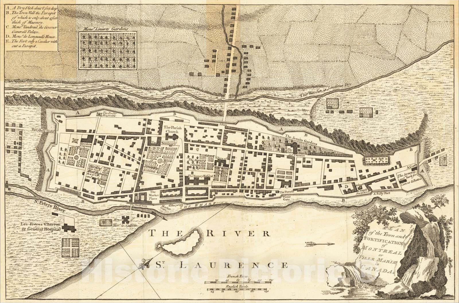 Historic Map : Plan of the Town and Fortifications of Montreal or Ville Marie in Canada, 1759, Universal Magazine, Vintage Wall Art