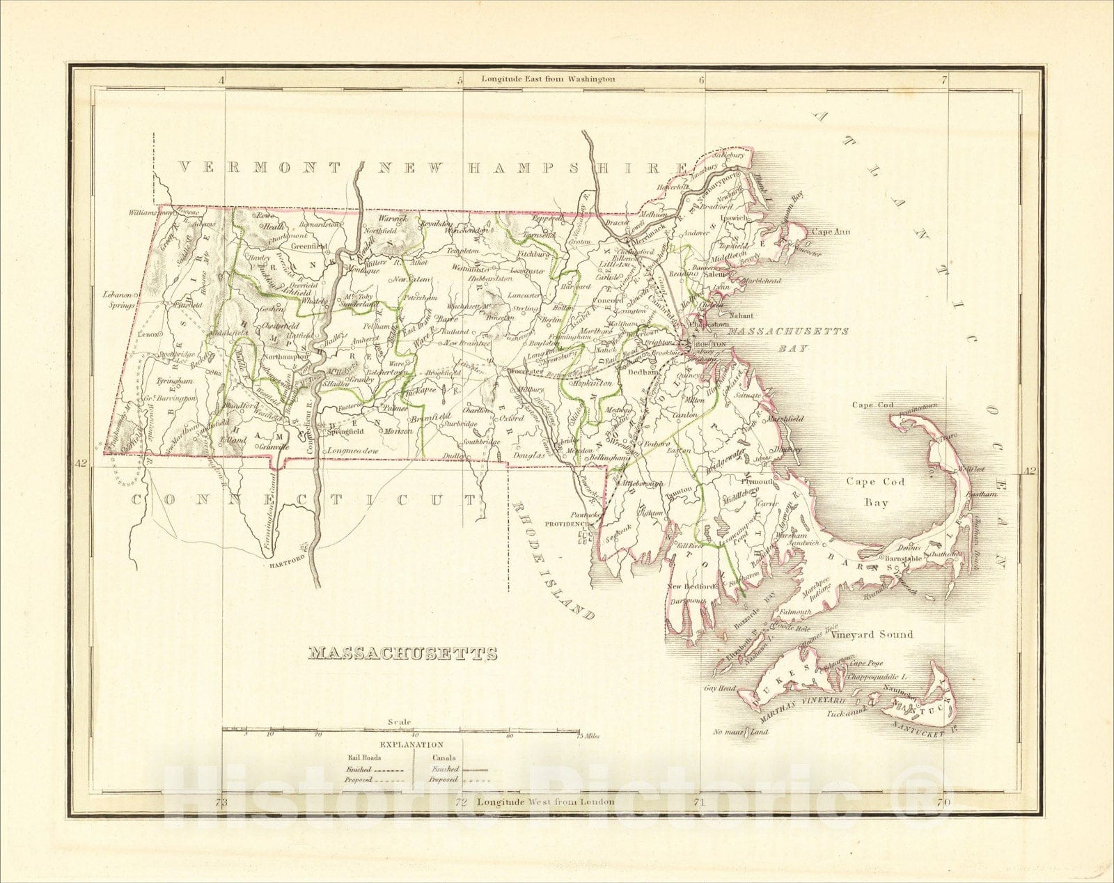 Historic Map : Massachusetts, 1835, Thomas Gamaliel Bradford, Vintage Wall Art