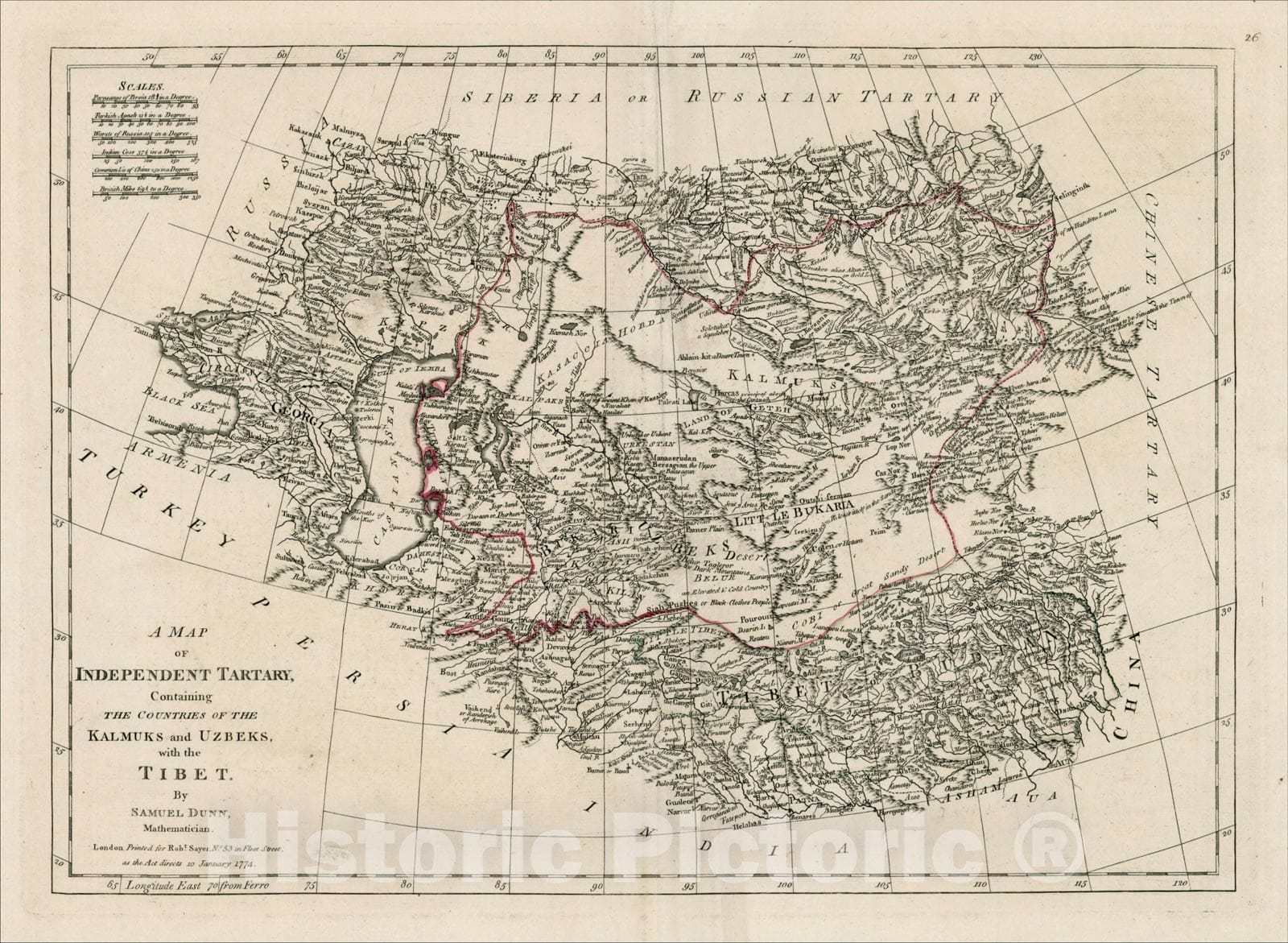 Historic Map : A Map of Independent Tartary, Containing The Countries of the Kalmuks and Uzbeks, with the Tibet, 1774, 1774, Samuel Dunn, Vintage Wall Art