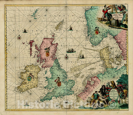 Historic Map : Mare Germanicum ac Tractus Maritimus rerto Hiberniam et Scotiam, c1700, Louis Renard, Vintage Wall Art