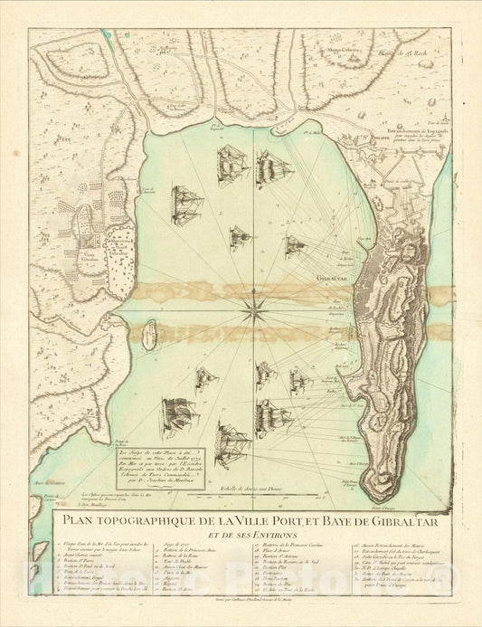 Historic Map : Plan Topographique de la Ville Port, et Baye de Gibraltar et de ses Enviorns, 1779, Guillaume Dheulland, Vintage Wall Art