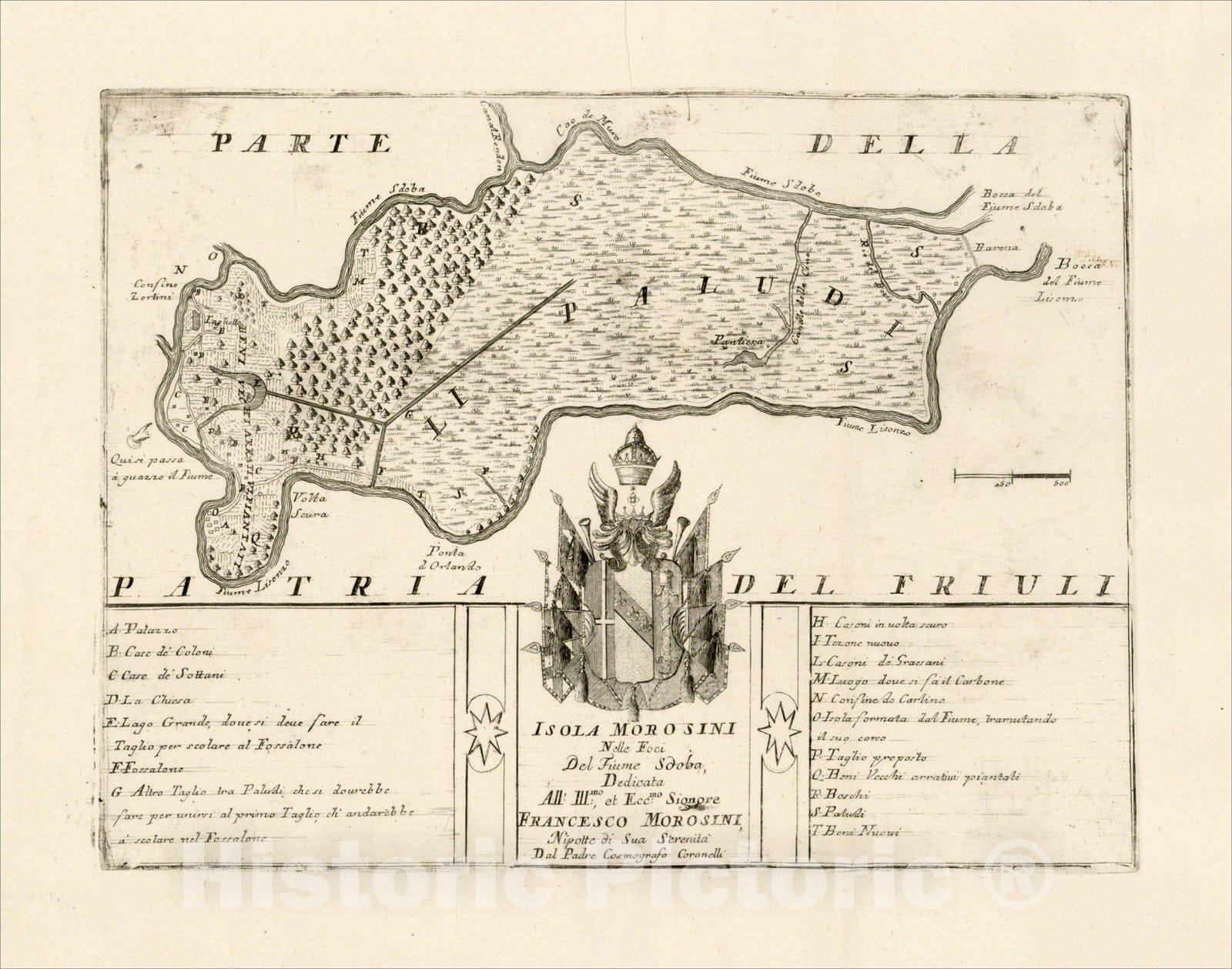 Historic Map : Isola Morosini Nell Foci Del Fiume Sdoba, Dedicato All: Illsmo: et Eccmo: Signore Franceso Morosini, c1690, Vincenzo Maria Coronelli, Vintage Wall Art
