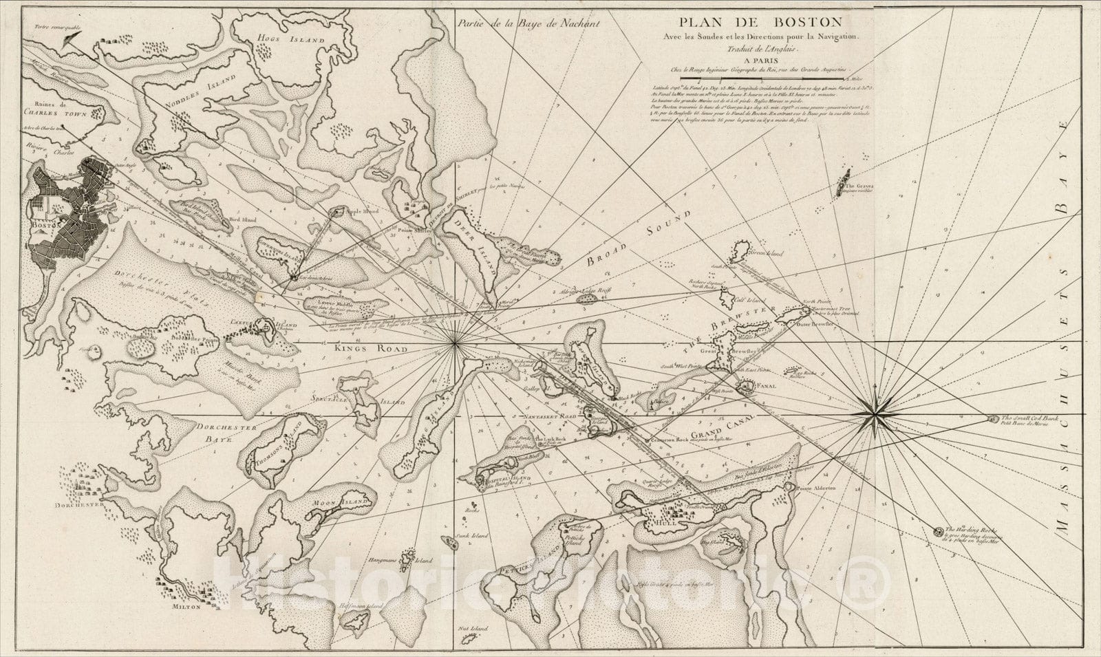 Historic Map : Plan De Boston Avec les Sondes et les Directions pour Navigation , 1778, , Vintage Wall Art