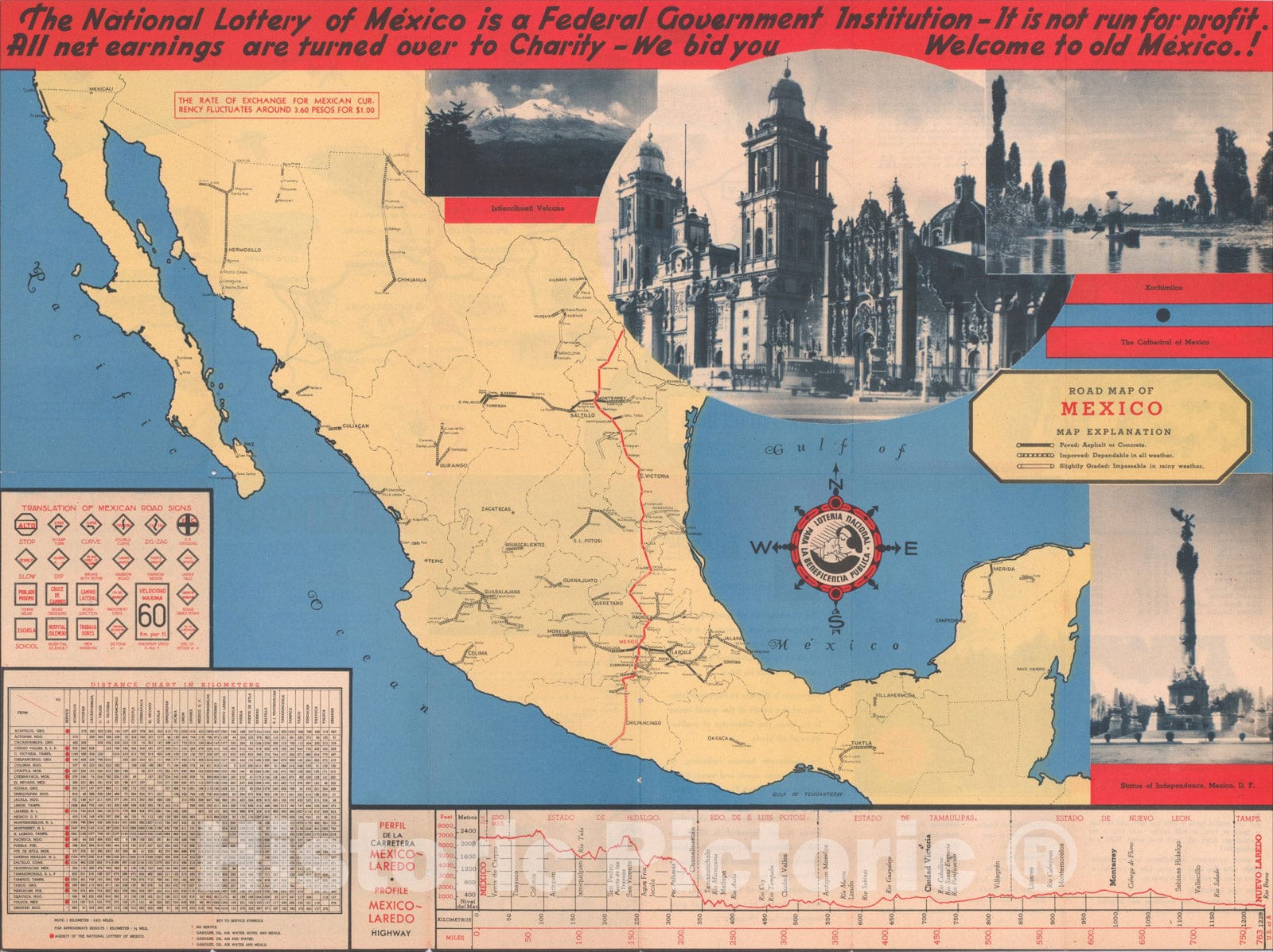Historic Map : Road Map of Mexico, The National Lottery of Mexico is a Federal Government Institution, 1937, Loteria Nacional, Vintage Wall Art