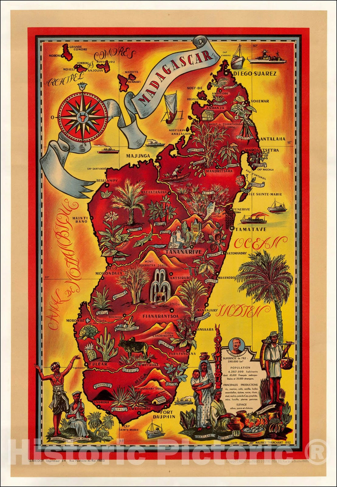 Historic Map : Madagascar, 1952, Maurice Tranchant, Vintage Wall Art