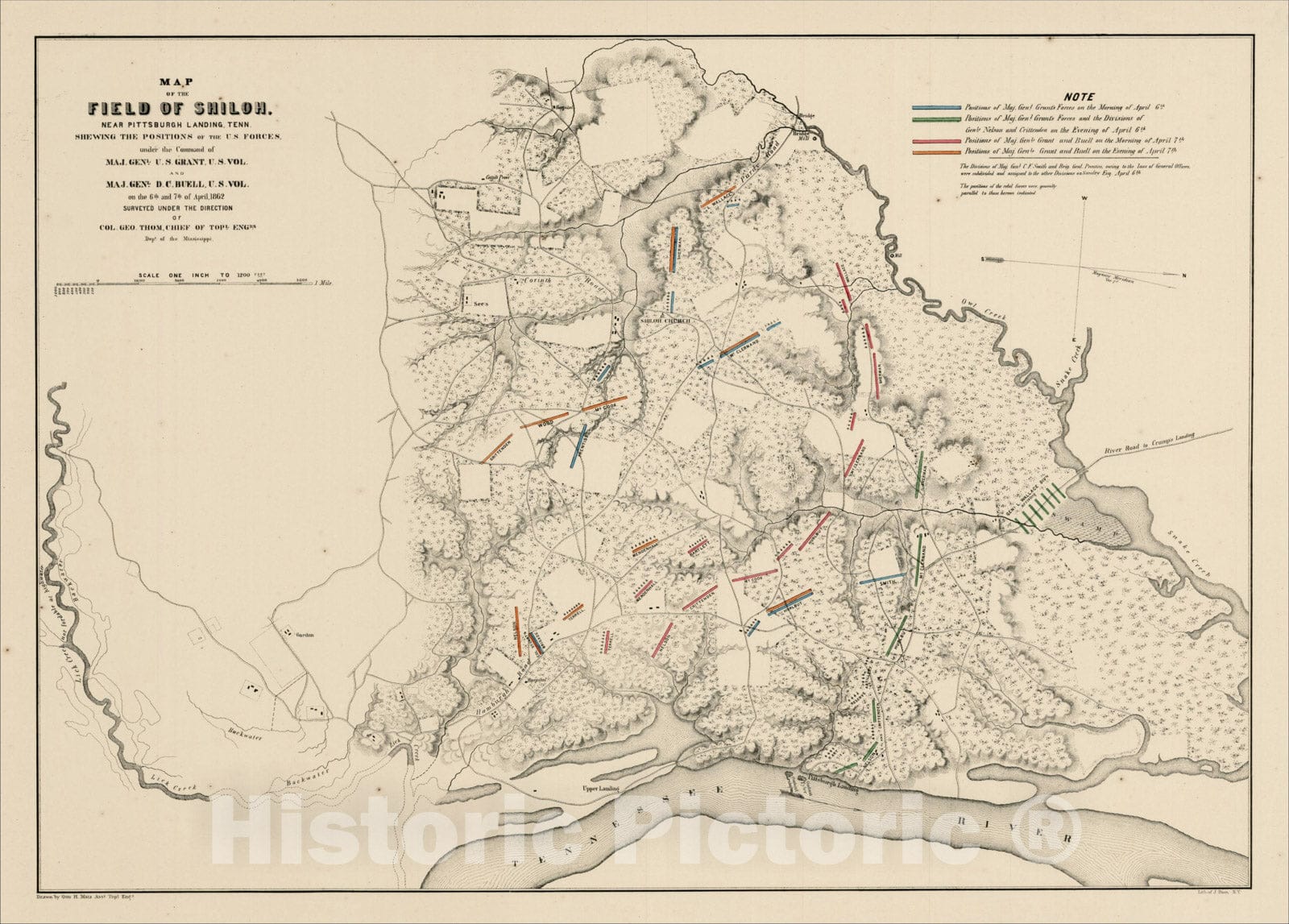 Historic Map : Map of the Field of Shiloh, Near Pittsburgh Landing, Tenn. Shewing The Positions of the U.S. Forces, 1862, , Vintage Wall Art