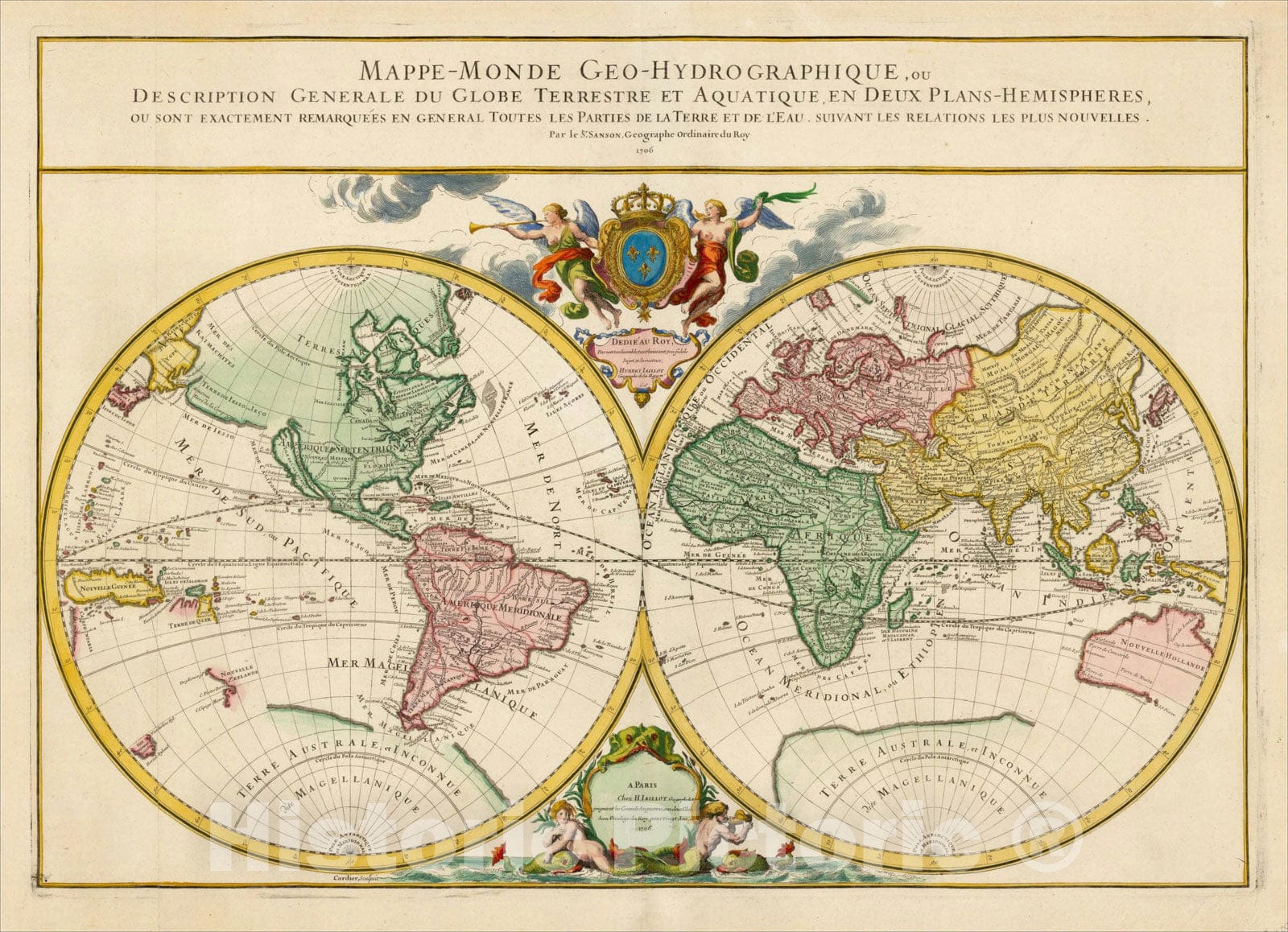 Historic Map : Mappe-Monde Geo-Hydrographique, ou Description Generale du Globe Terrestre et Aquatique en Deux Plans-Hemispheres, 1706, Alexis-Hubert Jaillot, Vintage Wall Art