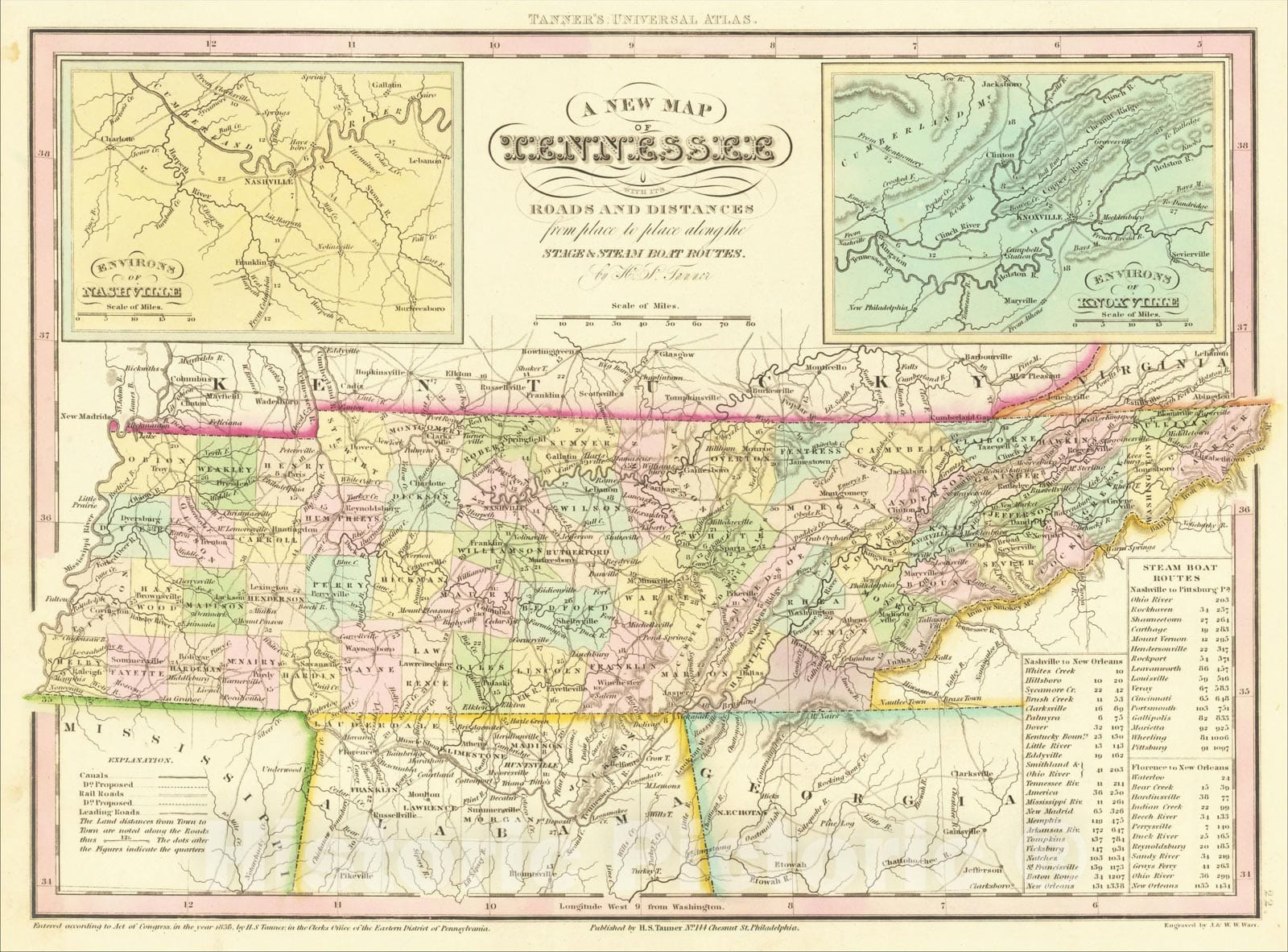 Historic Map : A New Map of Tennessee with its Roads & Distances from palce to place along the Stage & Steamboat Routes. By H.S. Tanner, 1836, Vintage Wall Art