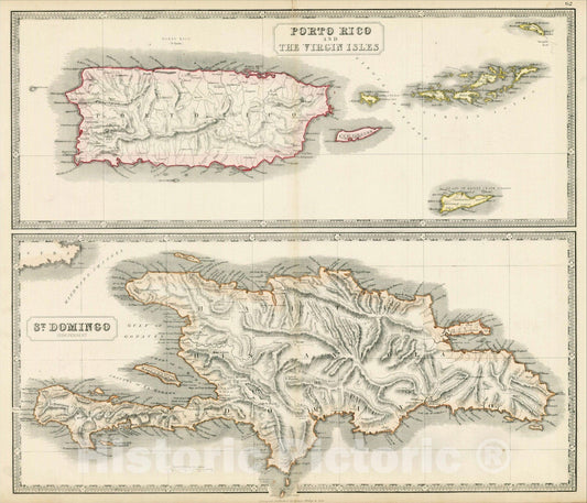 Historic Map : Porto Rico and The Virgin Islands (with) St. Domingo (Independent), 1848, , Vintage Wall Art