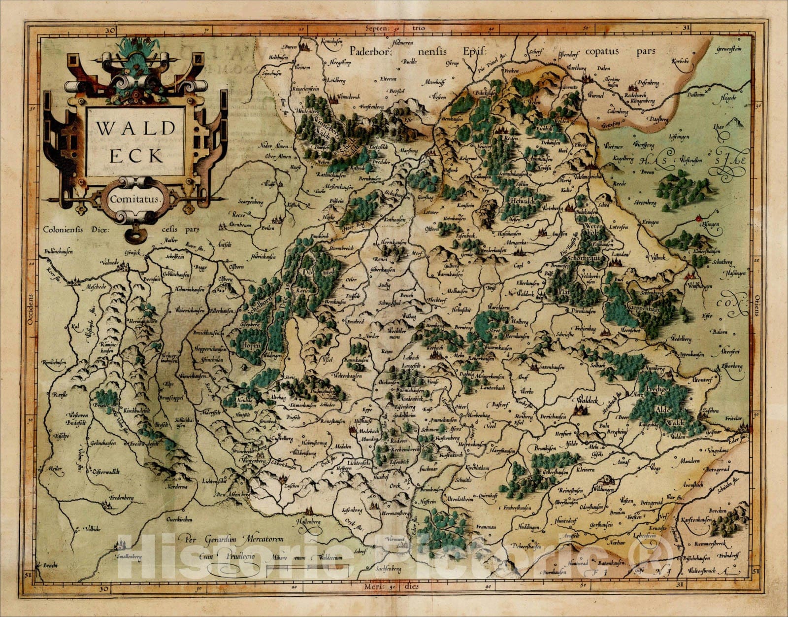 Historic Map : Waldeck Comitatus (gold highlights), 1595, Gerard Mercator, Vintage Wall Art