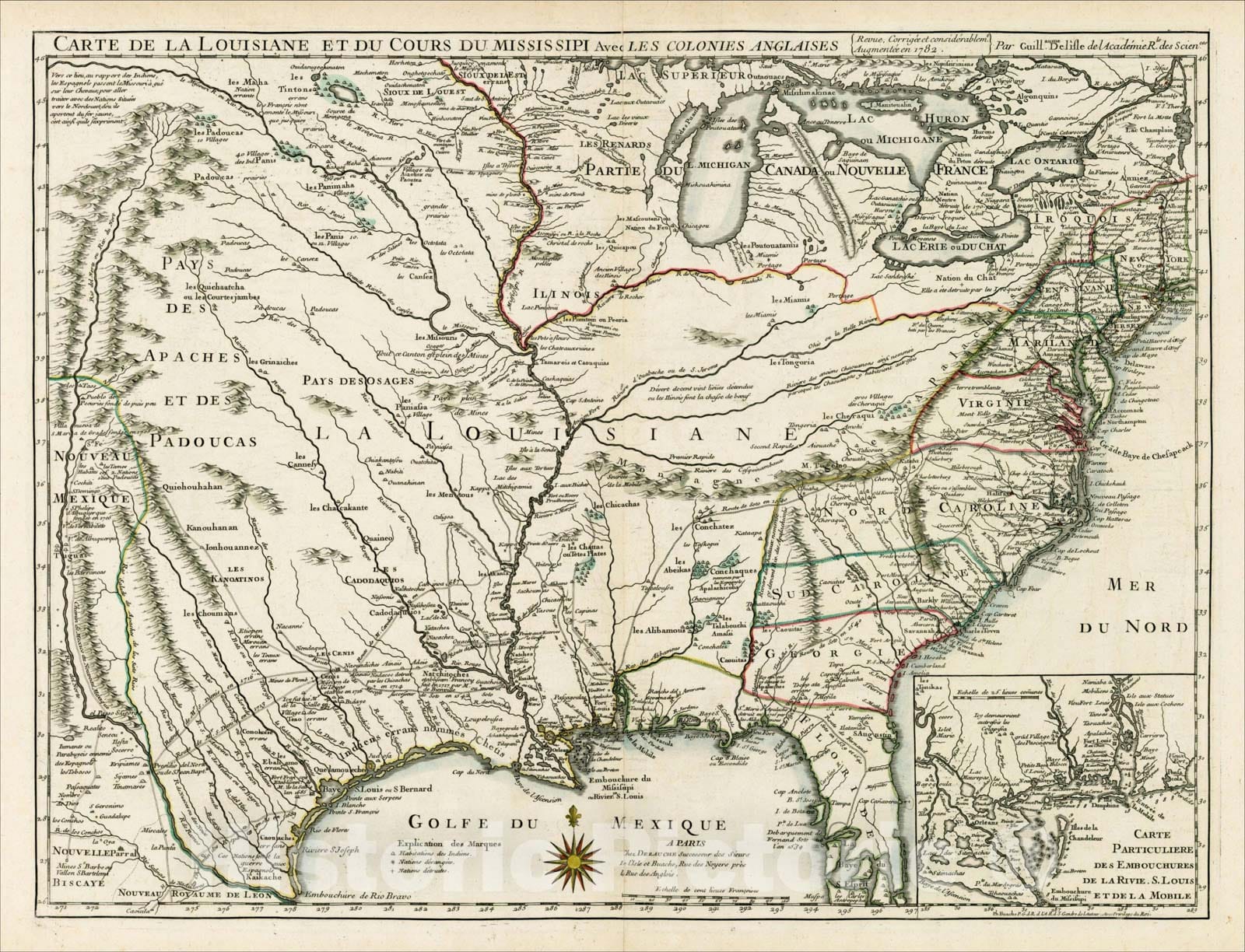 Historic Map : Carte De La Louisiane Et Du Cours Du Mississipi Avec Les Colonies Anglaises, 1782, , Vintage Wall Art