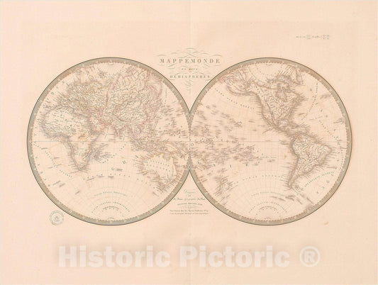 Historic Map : Mappe Monde en Deux Hemispheres, 183, 1830, Adrien-Hubert Bru? Vintage Wall Art