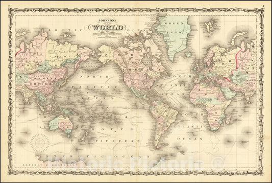 Historic Map : Johnson's Map of the World on Mercator's Projection, 1861, Alvin Jewett Johnson, Vintage Wall Art