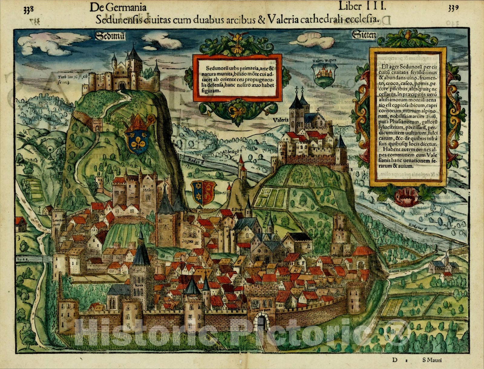 Historic Map : Sedunensis civitas cum duabus arcibus & Valeria cathedrali ecclesia, c1590, Sebastian M?nster, Vintage Wall Art