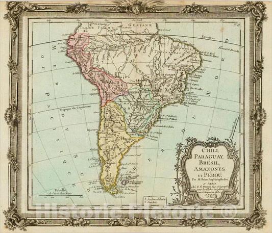 Historic Map : Chili, Paraguay, Bresil, Amazones et Perou ? 1766, 1766, Louis Brion de la Tour, Vintage Wall Art