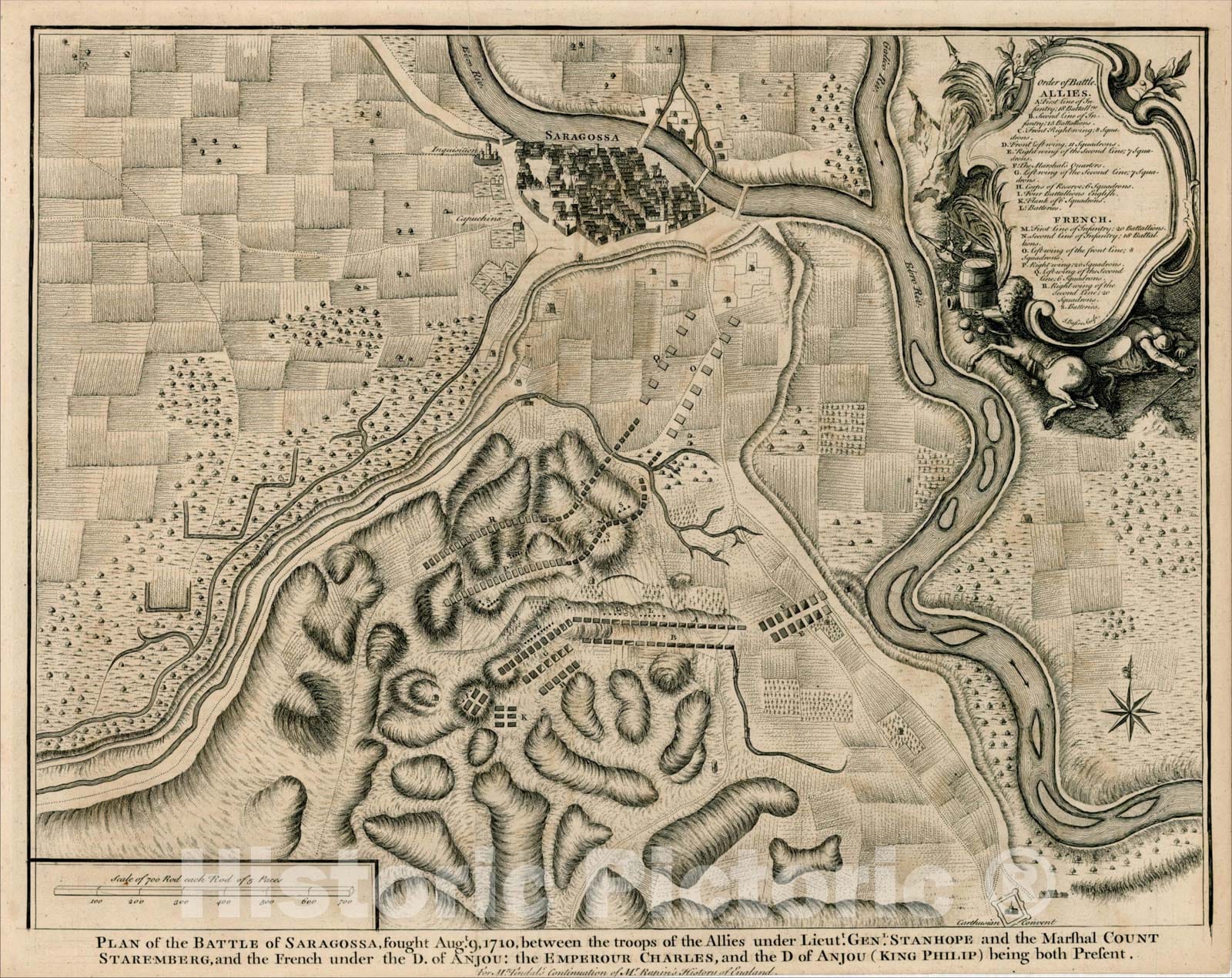 Historic Map : Plan of the Battle of Saragossa, 1740, Paul de Rapin de Thoyras, Vintage Wall Art