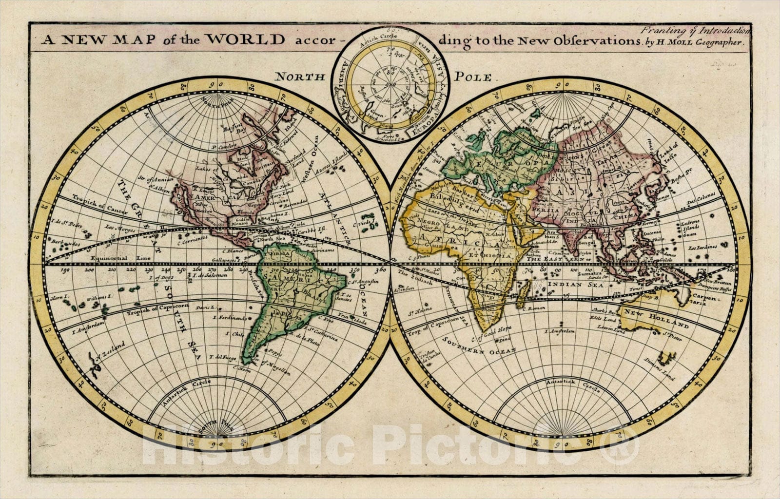 Historic Map : A New Map of the Whole World According To The New Observations by Moll Geographer, 1730, Herman Moll, Vintage Wall Art