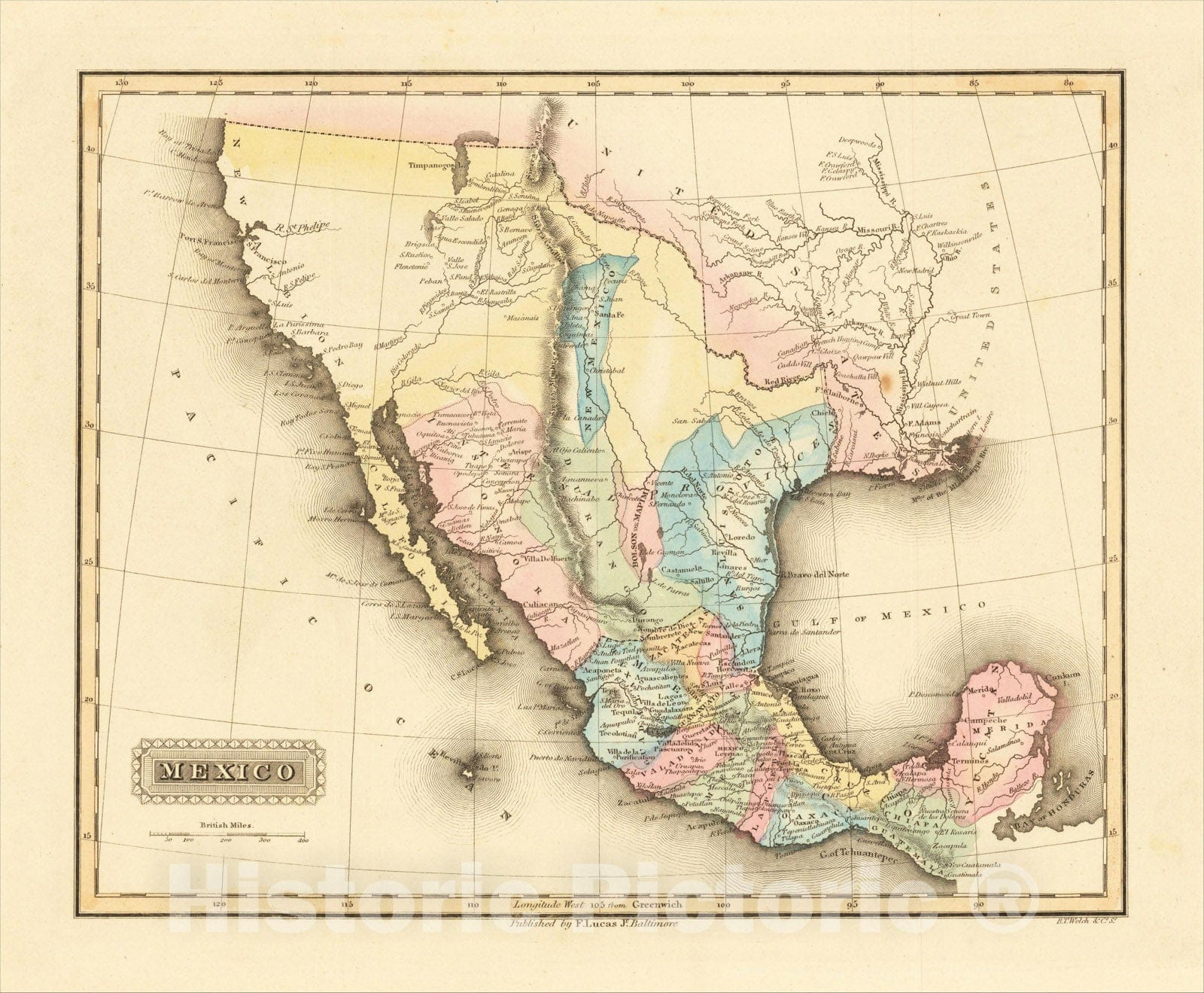 Historic Map : Mexico, 1823, Fielding Lucas Jr., v2, Vintage Wall Art