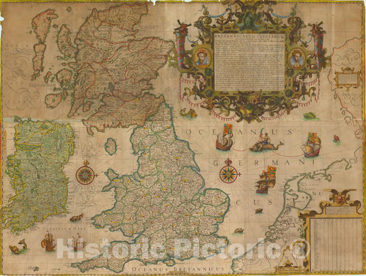 Historic Map : Britannicarum Insularum Geographia Descriptio, 1627, Jodocus Hondius, Vintage Wall Art