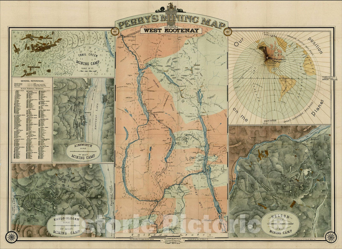 Historic Map : Perry's Mining Map of the Southern Dist. West Kootenay, 1893, Charles E. Perry, v1, Vintage Wall Art