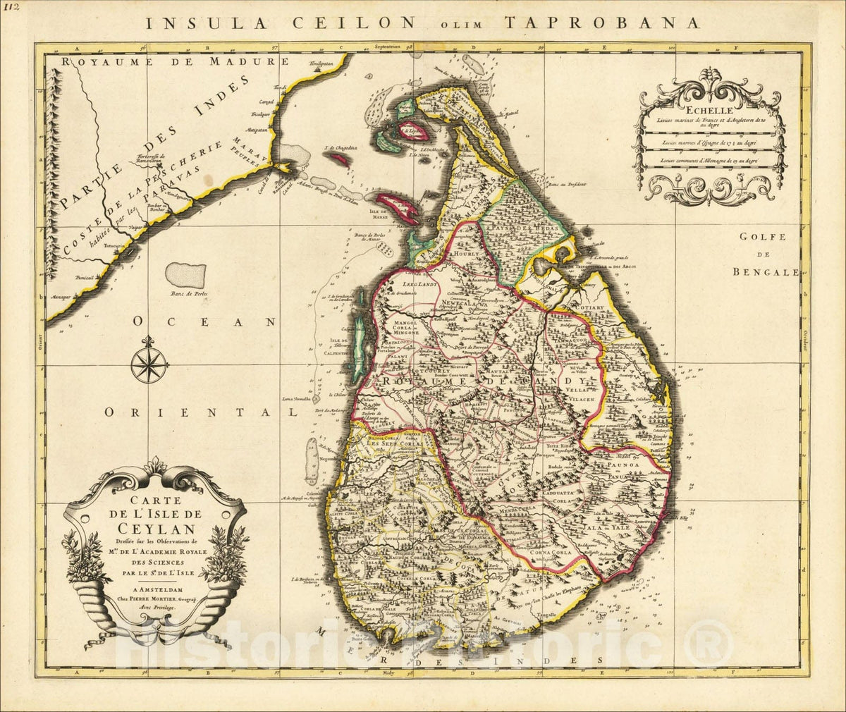 Historic Map : Carte De L'Isle de Ceylan Dressee sur les Observations, c1700, Cornelis Mortier, Vintage Wall Art