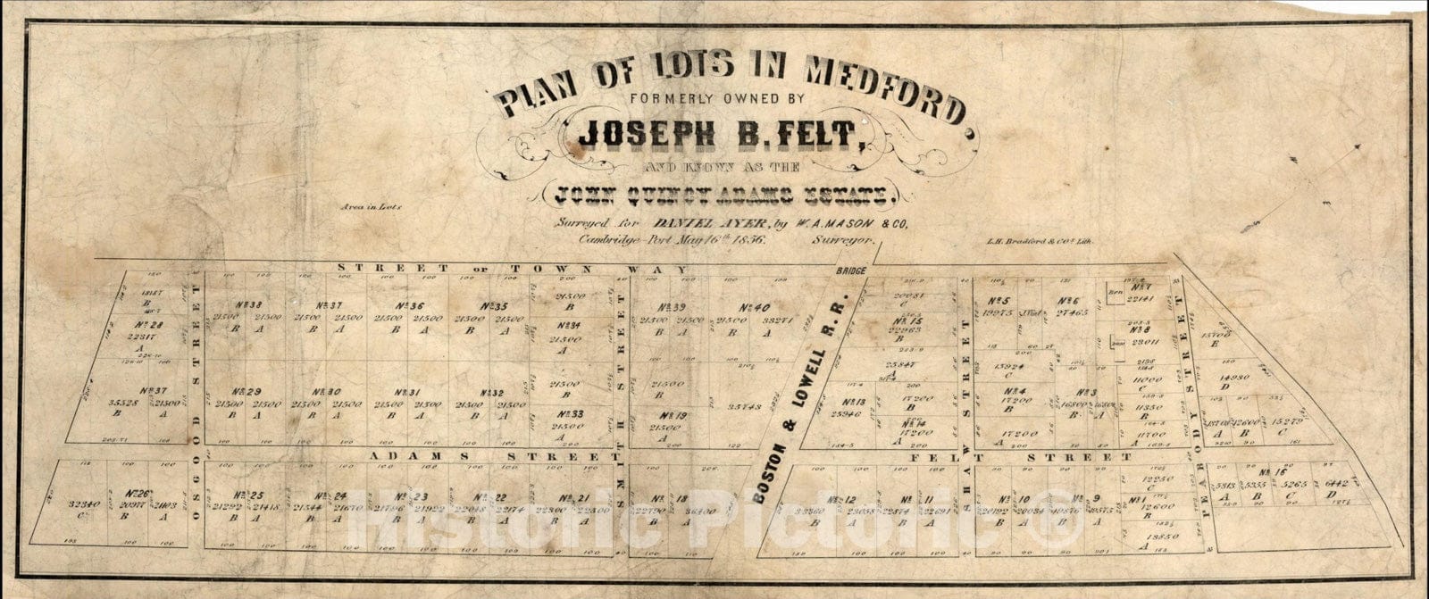Historic Map : Plan of Lots In Medford, Formerly Owned By Joseph B, 1856, L.H. Bradford, Vintage Wall Art
