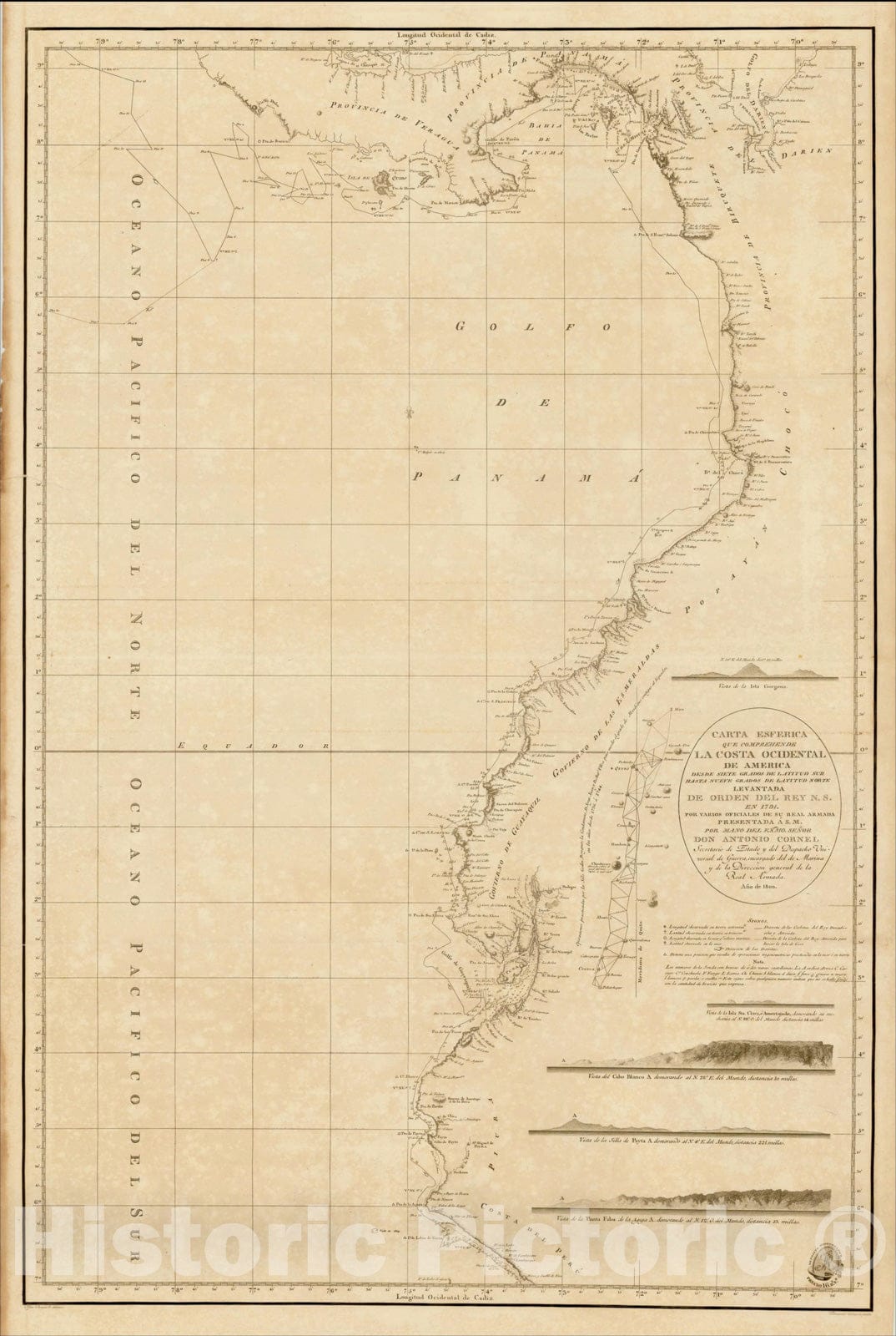 Historic Map : Carta Esferica Que Comprehende La Costa Ocidental de America Desde Siete Grados, 1800, , Vintage Wall Art