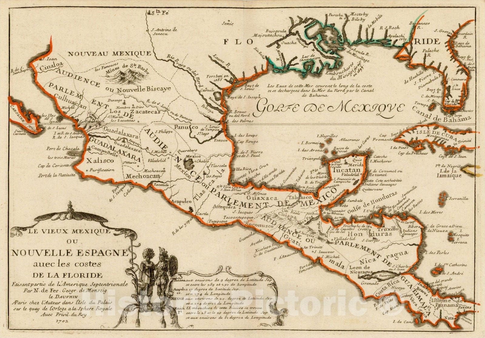 Historic Map : Le Vieux Mexique ou Nouvelle Espagne avec les costes De La Floride, 172, 1702, Nicolas de Fer, Vintage Wall Art
