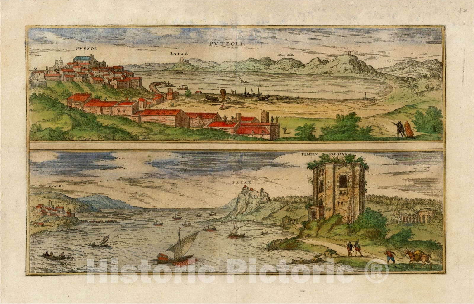 Historic Map : [Pozzuoli and Baia] Puteoli and Baiae, 1575, Georg Braun, Vintage Wall Art