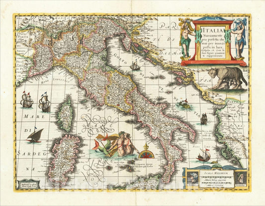 Historic Map : Italia Nuovamente piu perfetta che mai per inanzi posta in luce, scolpita et con le suoi figure uiuamente rappresetnate, c1635, Jan Jansson, Vintage Wall Art