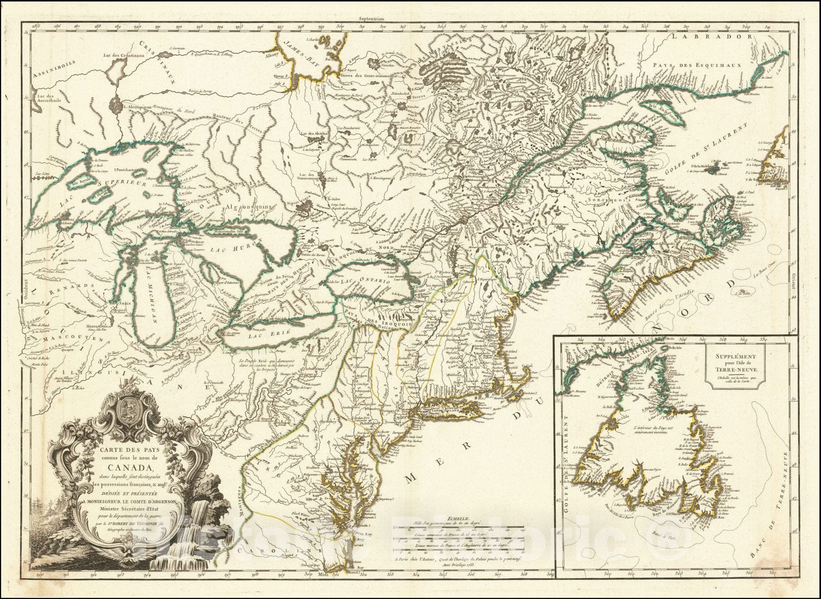 Historic Map : Carte Des Pays connus sous le nom de Canada dans laquelle sont distinguees les possessions francoises, & angl., 1754, Didier Robert de Vaugondy, Vintage Wall Art