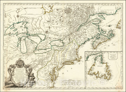 Historic Map : Carte Des Pays connus sous le nom de Canada dans laquelle sont distinguees les possessions francoises, & angl., 1754, Didier Robert de Vaugondy, Vintage Wall Art