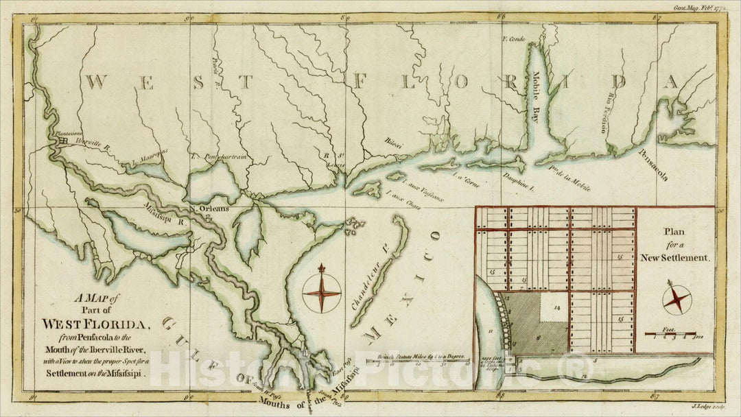 Historic Map : A Map of Part of West Florida from Pensacola to the Mouth of the Iberville River, 1772, Gentleman's Magazine, v1, Vintage Wall Art