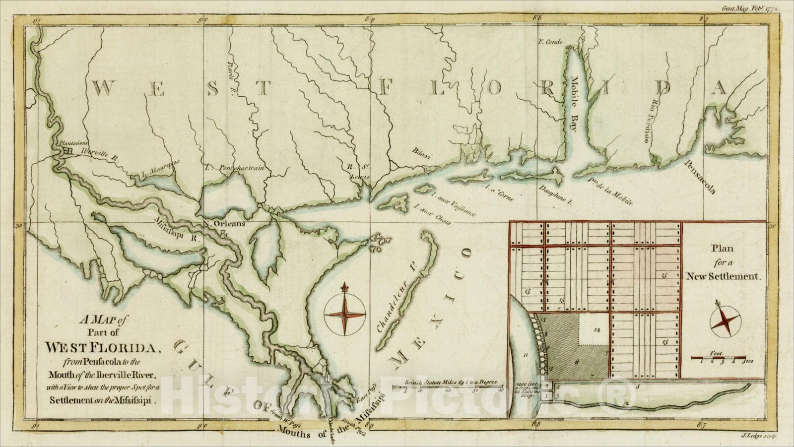 Historic Map : A Map of Part of West Florida from Pensacola to the Mouth of the Iberville River, 1772, Gentleman's Magazine, v1, Vintage Wall Art