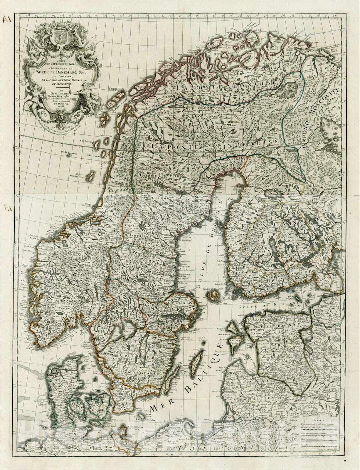 Historic Map : Carte Des Courones Du Nord Comprenant La Suede, Le Danemarc, &c. La Norwege, La Iaponie Sueoise, Danoises et Moscovite, 1788, 1788, Vintage Wall Art