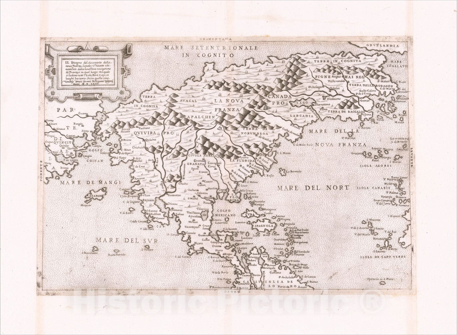 Historic Map : Il Disegno del discoperto della nova Franza, il quale s'e havuto Ultimamente dalla Novissima Navigatione, 1566, , Vintage Wall Art