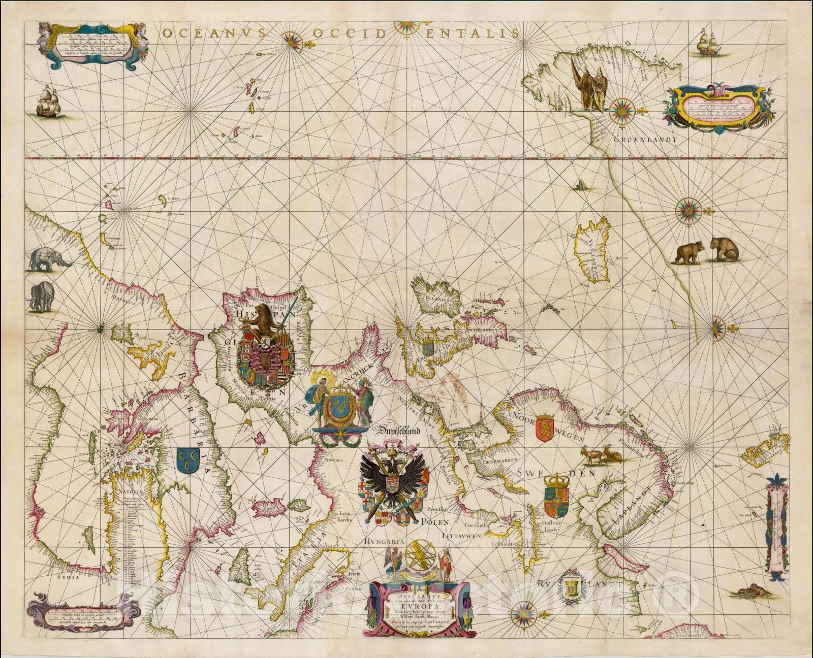 Historic Map : Pascaarte van alle de Zecusten van Europa. Nieulycx beschreven door Willem Ians Blauw, ., 1621, , Vintage Wall Art