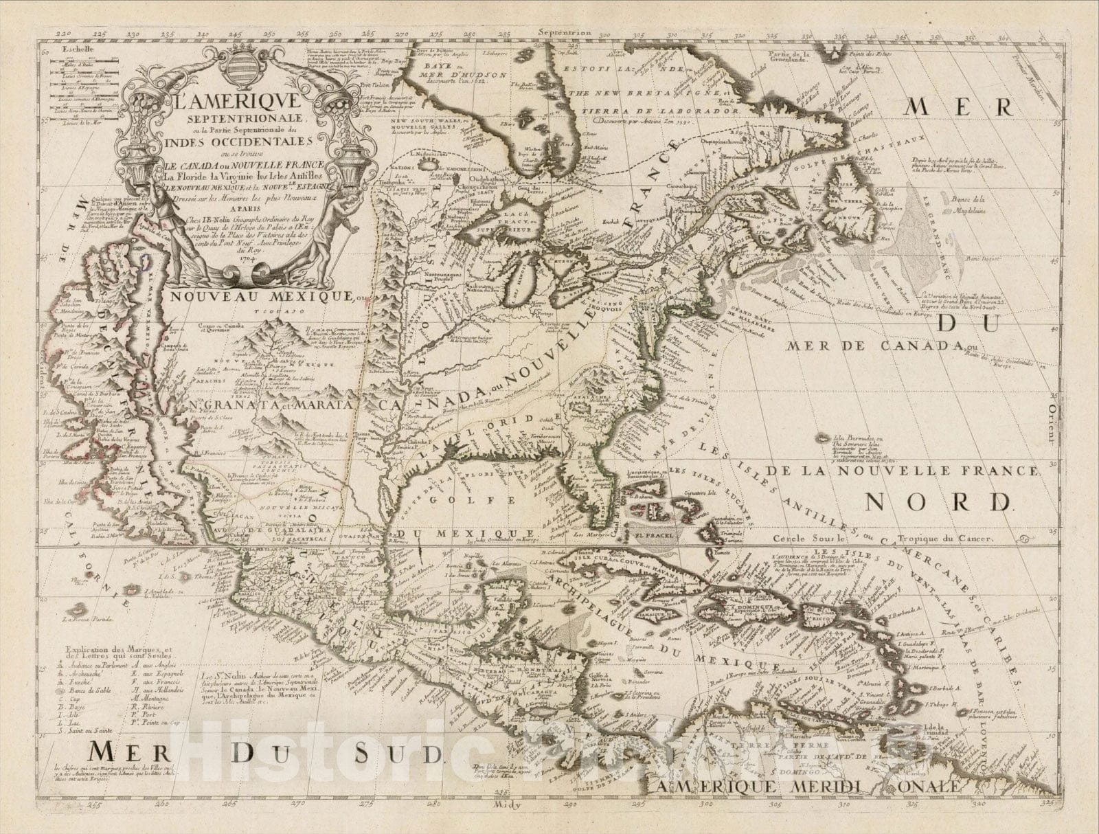 Historic Map : L'Amerique Septentrionale ou la Partie Septentrionale des Indes Occidentales, 1704, , Vintage Wall Art