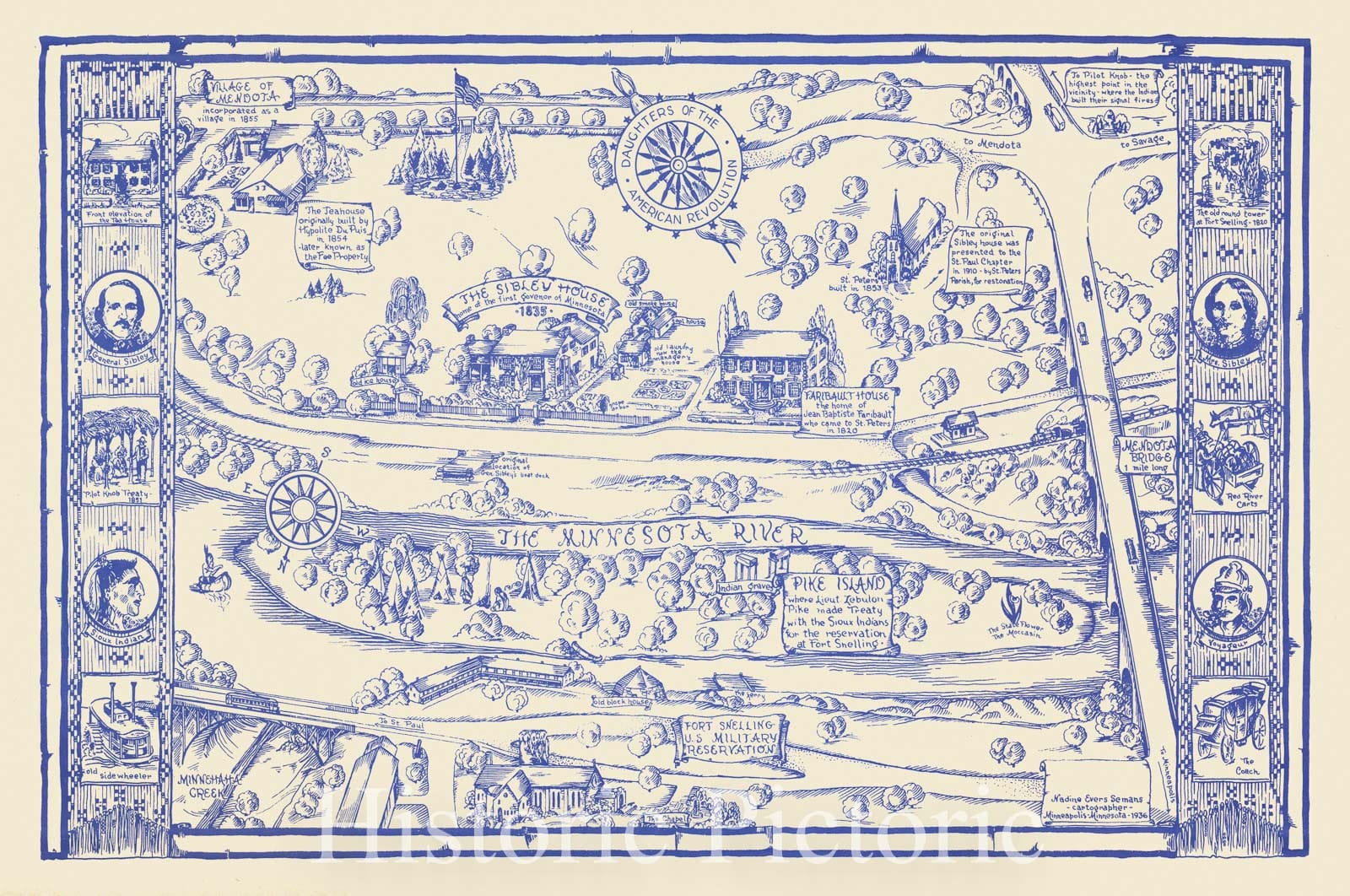 Historic Map : [Pictorial Map of the Minnesota River Valley at Fort Snelling], 1936, Nadine Semans, Vintage Wall Art
