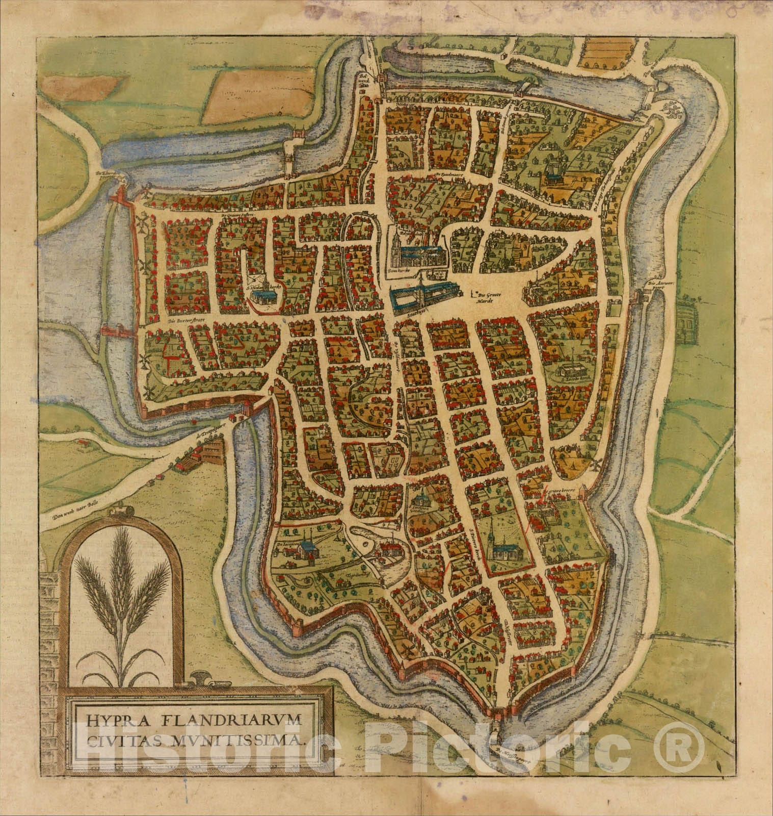 Historic Map : Hypra Flandriarum Civitas Munitissima, 1612, Georg Braun, Vintage Wall Art