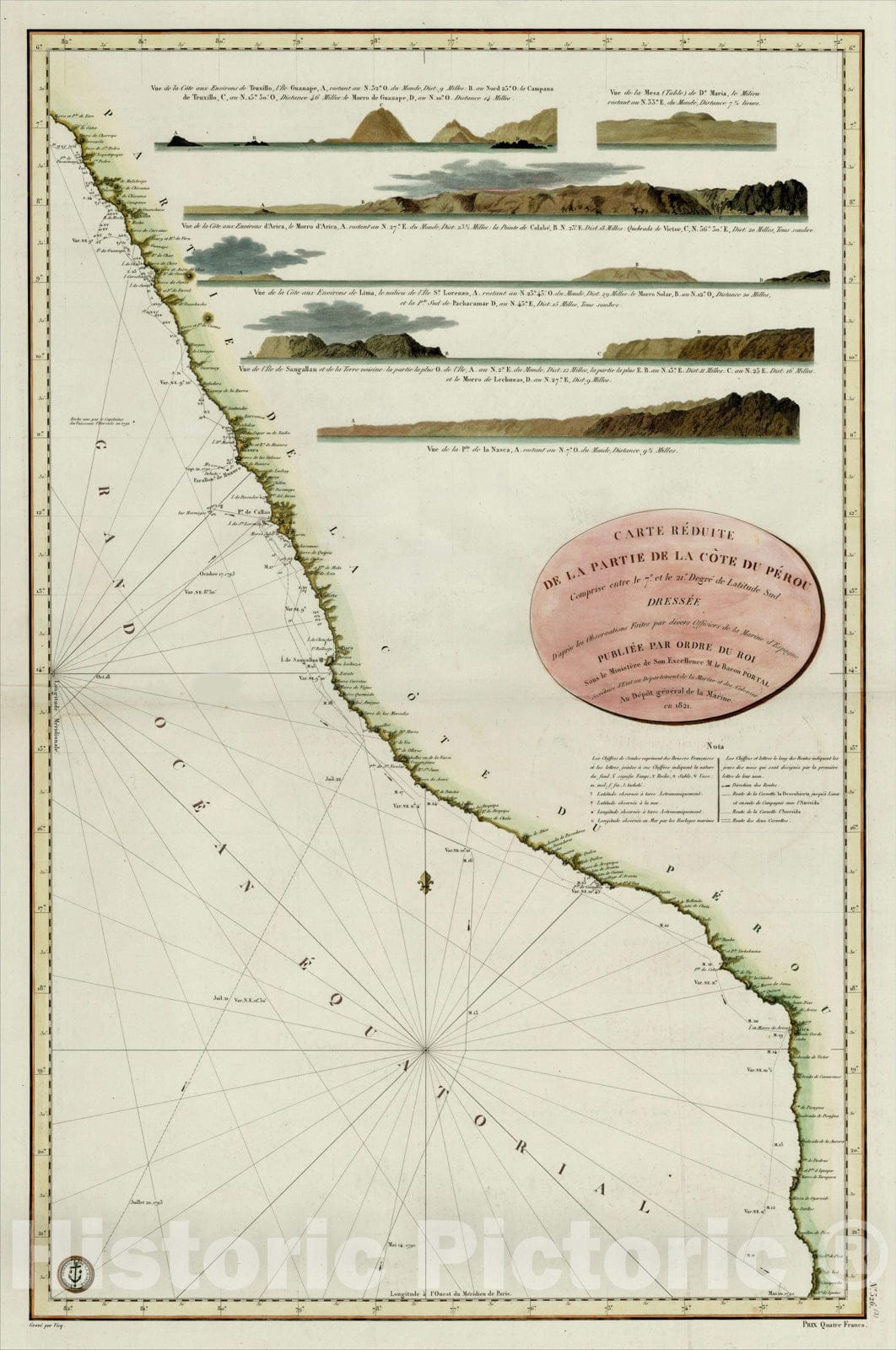 Historic Map : Carte Reduite De La Partie De La Cote Du Perou Comprise entre le 7e. et la 21e Degreee de Latitude Sud, 1821, 1821, , Vintage Wall Art