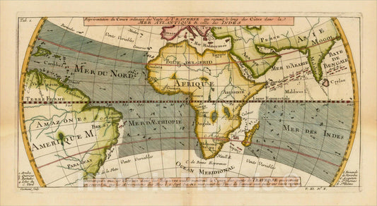 Historic Map : Representation du Cours ordinaire des Vents de Traverse qui regnent le long des Cotes dans la Mer Atlantique & Celle des Indes, 1747, Vintage Wall Art
