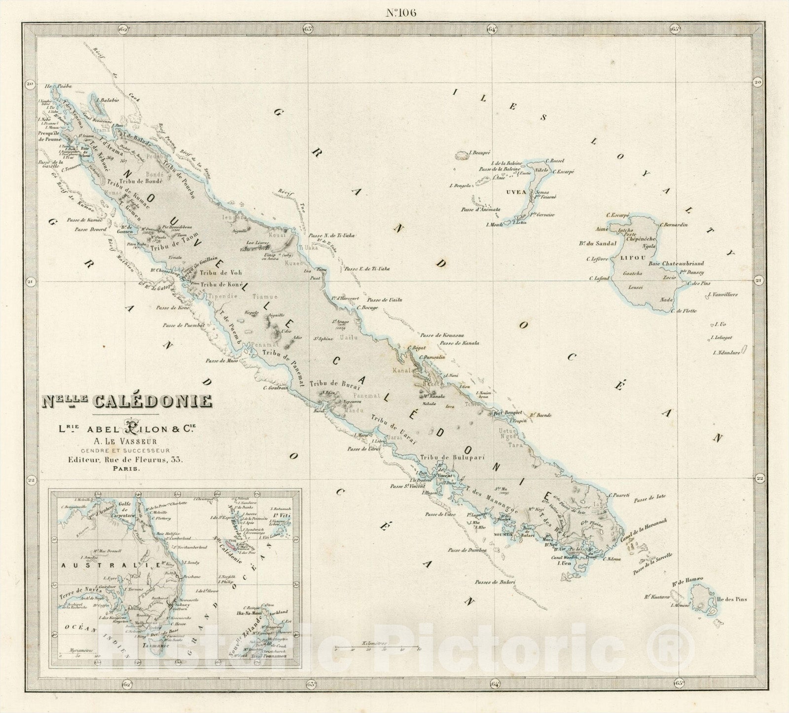 Historic Map : N.elle Caledonie, 1881, Abel Pilon, Vintage Wall Art